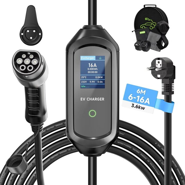 Зарядний кабель AFYEEV 6м тип 2, зарядний кабель 3.6кВт тип 2 Schuko, зарядний кабель електромобіля тип 2 Schuko, регульований стр