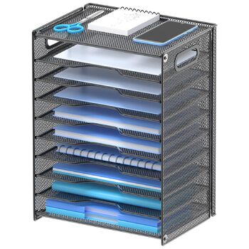 Рівневий настільний органайзер OUTWOLF з ручкою, міцний металевий органайзер для паперу, лоток для листів, відділення для зберігання, офісне приладдя для документів формату A4, паперу, книг, журналів (чорний) 10-рівневий настільний органайзер, 10-