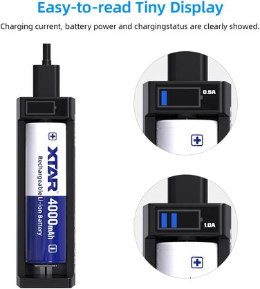 Зарядний пристрій XTAR MC1 Plus USB-C для літій-іонних акумуляторів 18650, 21700, 26650, 14500, 18350 - розумний зарядний пристрій 0,5A/1A з РК-дисплеєм, активацією 0V, відновленням після перерозряду, швидкою зарядкою через USB-C