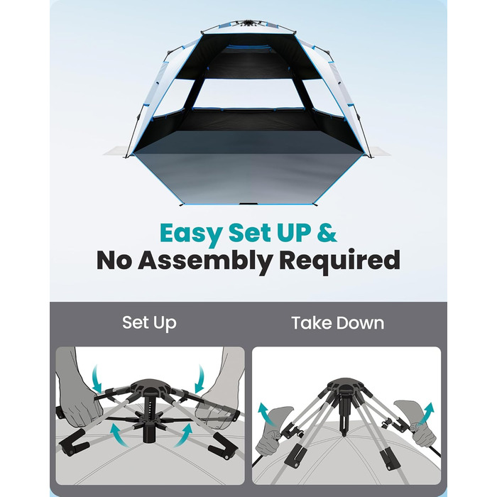 Пляжний намет OutdoorMaster з технологією Dark Shelter, портативний пляжний сонцезахисний тент, тент для 4-6 осіб із захистом від ультрафіолету UPF 50, легко встановлюється, розкладний намет, сімейний розмір, Ocracoke Coast