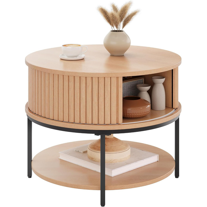 Круглий журнальний столик YITAHOME, журнальний столик з 2-рівневим місцем для зберігання, журнальні столики з розсувними дверима в дизайні тамбура для вітальні, дерев&39яні журнальні столики, дуб класичний