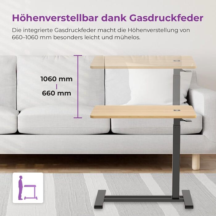 Бічний столик Spacetronik з регульованою висотою, мобільний журнальний столик з прихованими колесами, столик для ноутбука з ручним регулюванням висоти 66106 см, тумбочка для дивана, ліжко (білий/дерево, 80x45 см) білий/дерево 80x45 см