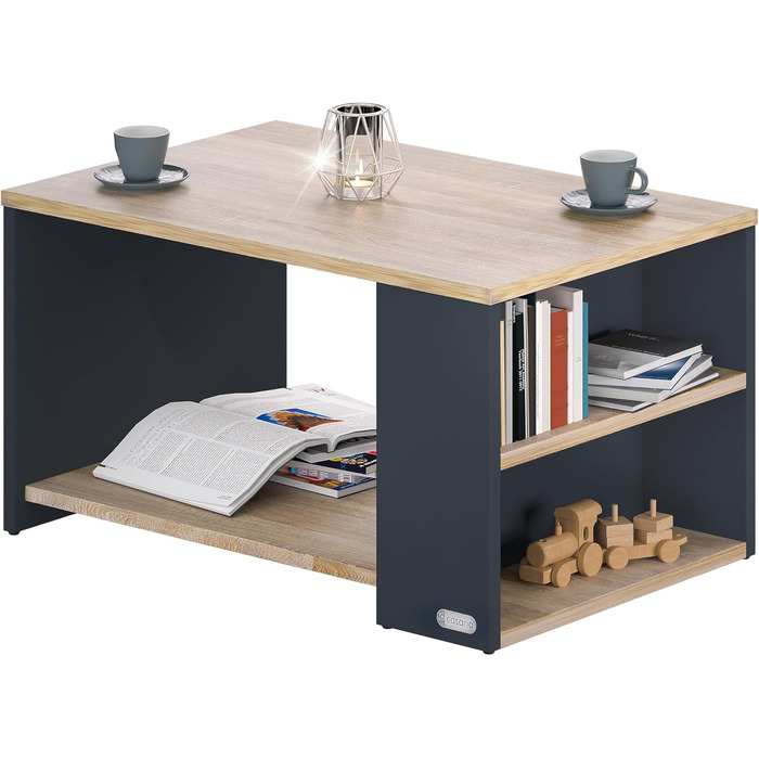 Журнальний столик Casaria з місцем для зберігання, сіре дерево, 2 відділення, 90x60x50 см, стійкий до подряпин, вантажопідйомність 50 кг, прямокутний, приставний столик із місцем для зберігання, журнальний столик для дивана у вітальні, дерев&39яно-сірий