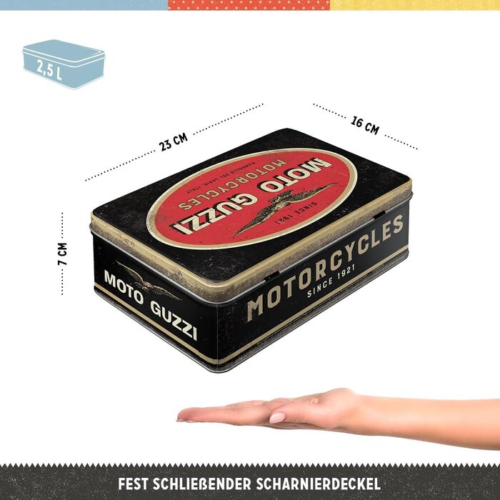 Жерстяна банка для зберігання в ретро-стилі, плоска, 2,5 л, Moto Guzzi логотип мотоцикла ідея подарунка для байкерів, бляшанка з кришкою, вінтажний дизайн