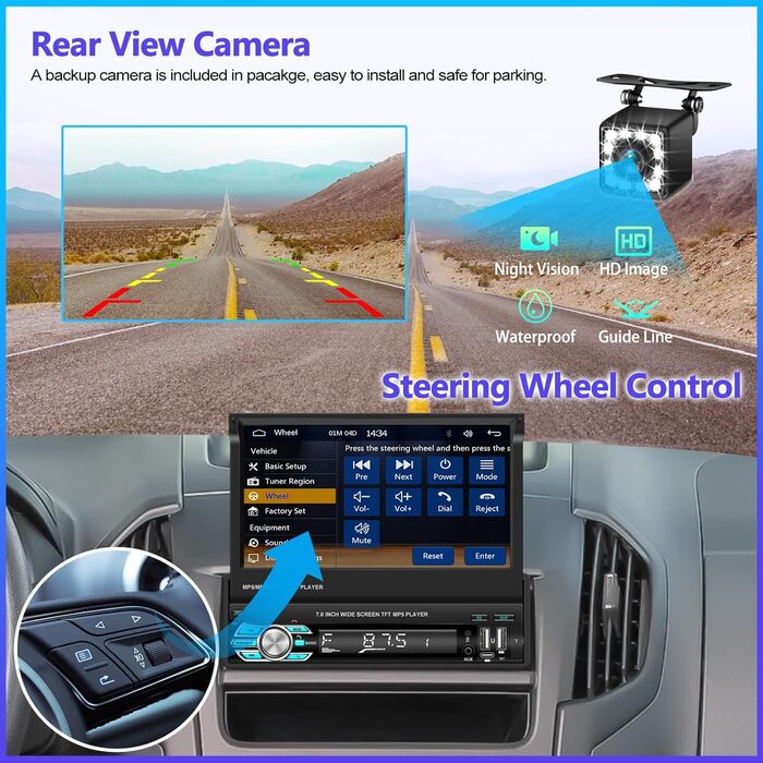 Бездротова автомобільна стереосистема CAMECHO 1 Din Bluetooth з 7-дюймовим розширюваним дисплеєм, Android Auto Mirror Link Bluetooth Handsfree FM Підтримка USB/SD/AUX-INкамера заднього виду 7-дюймовий MP5Car Play