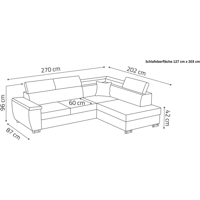 Кутовий диван з функцією сну та відділенням для зберігання речей Nicole 270x202x96 см (ШxГxВ) L-подібний диван з регульованими підголівниками Кутовий диван з функцією сну Пружинна основа Диван сірий лівий, шезлонг лівий сірий