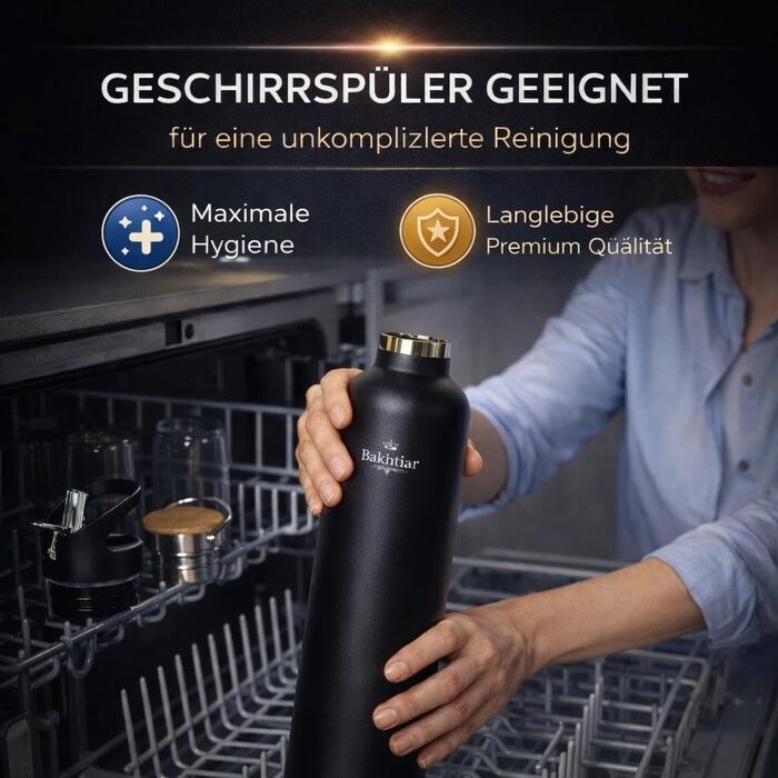 Пляшка для води Bakhtiar з подвійними стінками з нержавіючої сталі - Преміальна ізольована пляшка для гарячих та холодних напоїв - Спортивна пляшка з двома кришками - Підходить для газованих напоїв (Чорна, 1000 мл) Чорна 1000 мл
