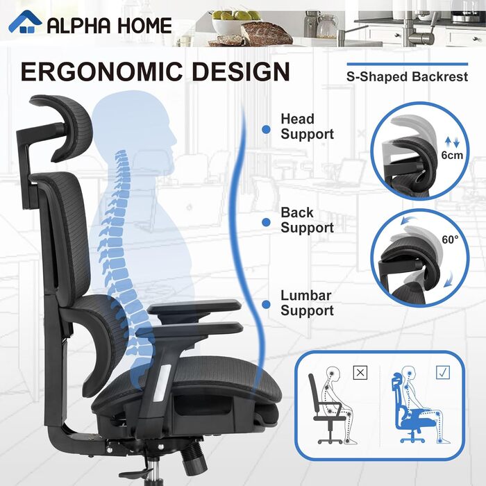 Офісне крісло ALPHA HOME, ергономічне робоче крісло з підставкою для ніг та регульованим підголівником, дихаюче крісло керівника з 3D-підлокітниками та високою спинкою, комп&39ютерне крісло, витримує вагу до 160 кг, чорне - з підставкою для ніг та підголі