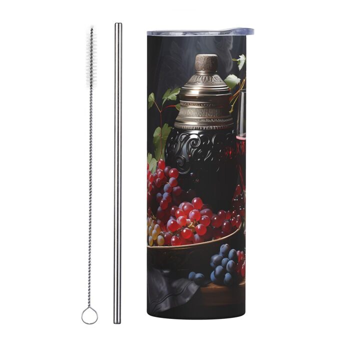 Кружка з прямою трубочкою, 590 мл, дизайн виноград та вино, друкований, підходить для кемпінгу, офісу та дому.