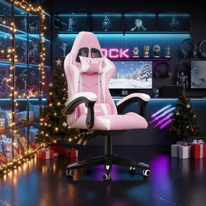Ергономічне ігрове крісло bigzzia, ігрове крісло, крісло для ПК, ігрове крісло, крісло для геймерів, дихаюче офісне крісло з підголівником та підлокітниками для підлітків та дорослих, рожево-біла базова модель