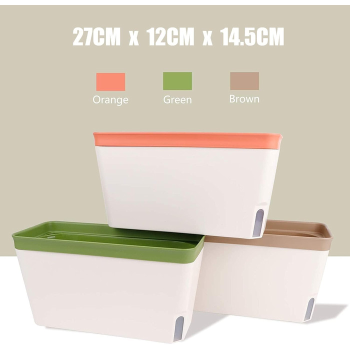 Горщик для рослин LATERN із 3 предметів із самополивом, прямокутний пластиковий квітковий горщик 27 см для садових квітів, бонсай, алое, трав, орхідей та сукулентів з віконцем для контролю рівня води та дренажним отвором, лоток