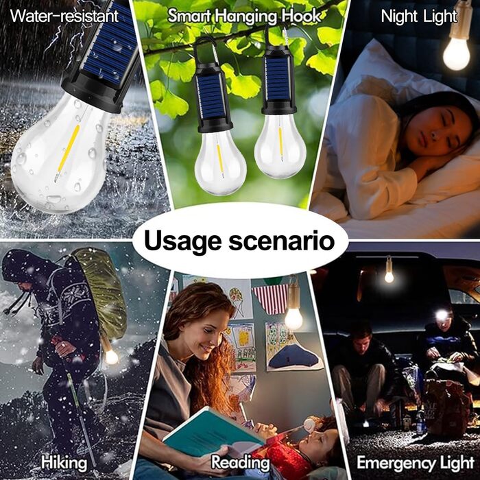 Світлодіодний ліхтар для намету з сонячним живленням від USB, акумуляторний портативний кемпінговий ліхтар, 3 режими освітлення, відкритий підвісний ліхтар з гачком, теплий білий ліхтар для намету, походи, ніч, риболовля, аварійний режим, 5 шт.
