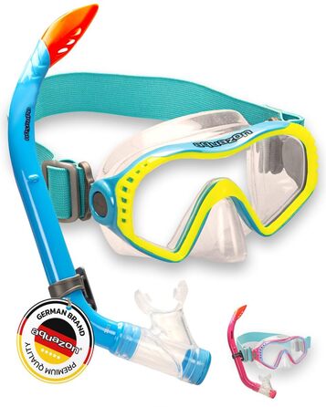 Дитячий комплект для підводного плавання AQUAZON Starfish - Маска для дайвінгу з надзвичайно зручною текстильною пов&39язкою на голову - 7-12 років - включаючи трубку, супер прозоре загартоване скло, синє