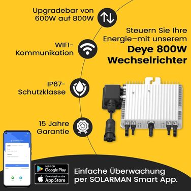 Балконна електростанція потужністю 1000 Вт - Повний комплект сонячної системи з двостороннім модулем 500 Вт, чорно-сріблястим корпусом, інвертором Deye нового покоління потужністю 800 Вт з реле та можливістю оновлення, вилкою Schuko 3 м EPP-BLK-1000-DEYE-