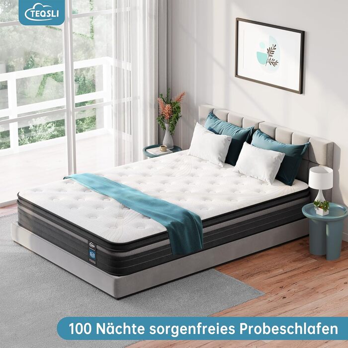Матрац TeQsli з гелевими пружинами Pocket Spring 140x200 см, висота 25 см, жорсткість H3, ергономічний 9-зонний матрац, ортопедичний пружинний матрац з гелевою піною з ефектом пам&39яті, сертифікований Oeko-Tex та CertiPUR, 25 см, 140x200x25 см