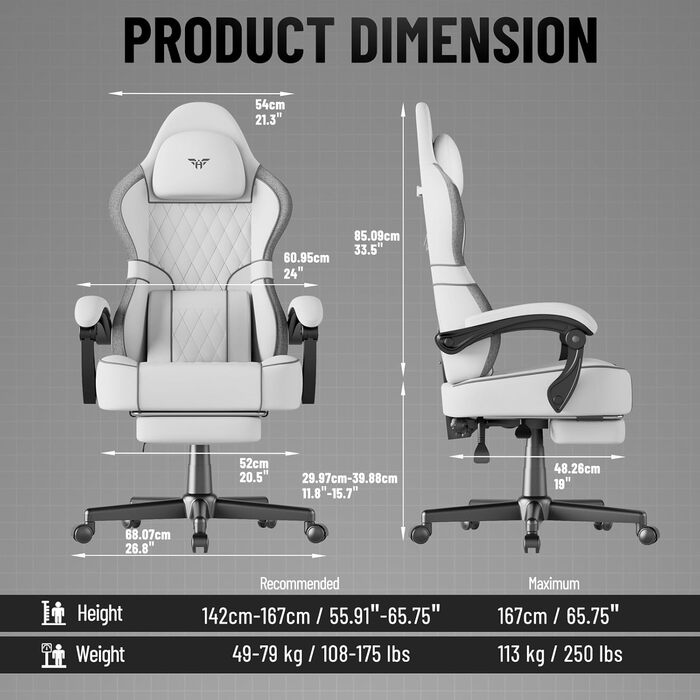 Ігрове крісло Ferghana, ергономічне ігрове крісло, ігрове крісло з регульованим підголівником та поперековою подушкою, підлокітниками, підставкою для ніг, гоночне ігрове крісло для ПК для офісу (біле, бавовна-льон) Біла бавовна