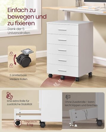 Контейнер на колесах, мобільна шафа для документів, шафа з шухлядами, підставка для принтера з 5 шухлядами, з безгвинтовими розсувними рейками, для офісу, домашнього офісу, хмарно-білий OFC081W01