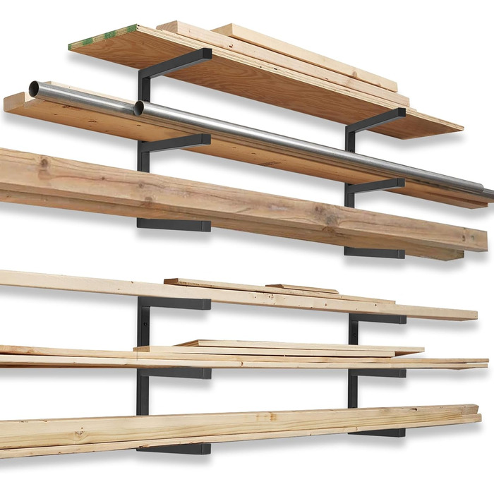 Рівнева дерев&39яна стійка для зберігання AKOZLIN, настінна дерев&39яна трубчаста стійка, дерев&39яна стійка-органайзер, міцні металеві та дерев&39яні полиці для використання в приміщенні та на вулиці, чорна (упаковка з 4 шт. ), 3-