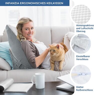 Регульована клиноподібна подушка, подушка для читання з піни високої щільності з валиком для шиї для ліжка та дивана, ергономічна клиноподібна подушка для ліжка від рефлюксного апное сну, подушка для ніг, подушка для спини для читання, гри або перегляду т