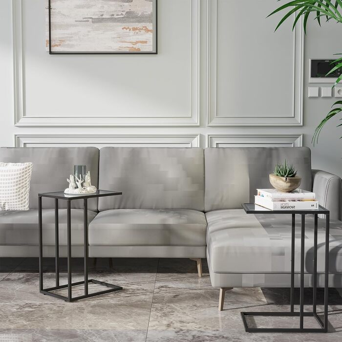 С-подібний приставний столик, комплект з 2 приставних столиків до дивана, журнальний столик, маленький столик, столик до дивана, тумбочка біля ліжка, бічний столик, столик для ноутбука, столик до дивана, скло, чорний (2 шт.)