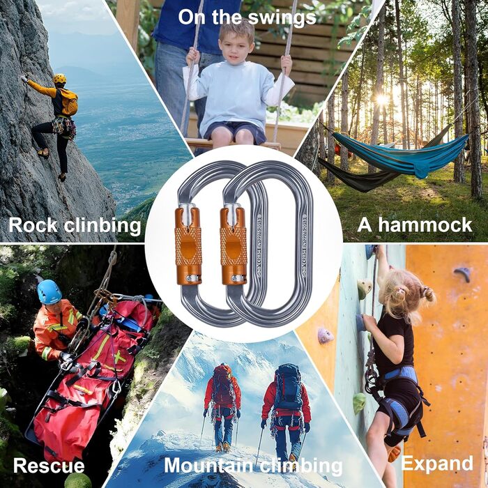 Карабіни для скелелазіння, карабіни з алюмінієвого сплаву для гамаків, гойдалок, кемпінгу, риболовлі, туристичного спорядження, 27KN - 4 шт. у упаковці