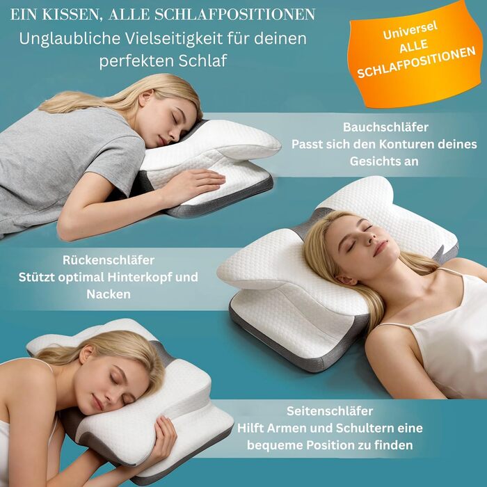 Ортопедична подушка для шиї Universal з піни з ефектом пам&39яті ергономічна подушка для сну на боці, спині та животі дизайн у формі метелика, знімний дихаючий чохол, сірий 634213 см