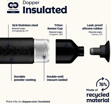 Термос Dopper Insulated 580 мл, яскраво-чорний - Двостінний, герметичний, зберігає напої холодними 24 години/гарячими 9 годин - Пляшка для пиття з нержавіючої сталі - Термокружка - Кружка для кави - Вода, чай 580 мл, чорний