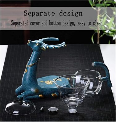 Набір скляних чайників RORA з напівавтоматичним обертанням та ситечком для чаю, Лінивий Кунг-Фу, (Олень) Синій