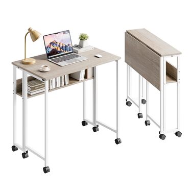 Розкладний стіл Dripex 80x50 см, компактний стіл, складний комп&39ютерний стіл з місцем для зберігання та колесами, невеликий розкладний комп&39ютерний стіл для домашнього офісу/кабінету (дуб)