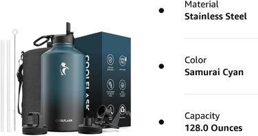 Пляшка для води Coolflask, ізольована, з соломинкою та 3 кришками, велика вакуумна пляшка з нержавіючої сталі, широкий отвір для с