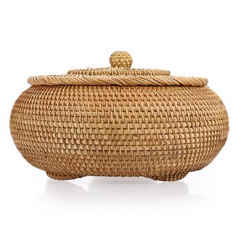 Плетена ротангова скринька для зберігання з кришкою, натуральний кошик для хліба, овочів, фруктів, продуктів, ключів, кабелів, пульта дистанційного керування, окулярів, як кошик для фруктів/перекусів, органайзер для столу, подарунковий, 28*28*16 см