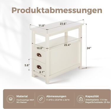 Журнальний столик MAISON ARTS, вузька тумбочка з 2 шухлядами, журнальний столик для вітальні, спальні, колір слонової кістки