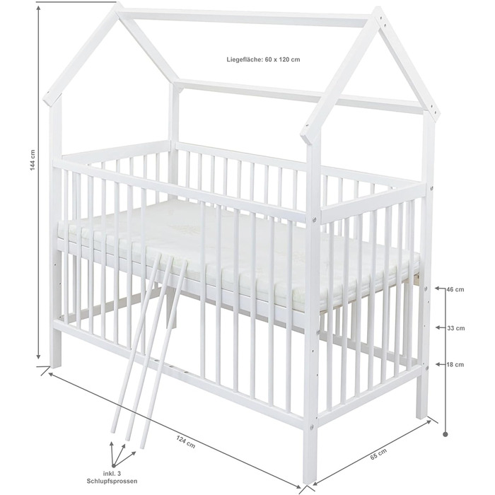 Комплект дитячого ліжечка Generic Baby Deluxe, ліжко-будиночок 60x120 см, білий захист від падіння, матрац для ліжечка, комплект постільної білизни (мусліновий балдахін, рожевий мусліновий вафельний піке)
