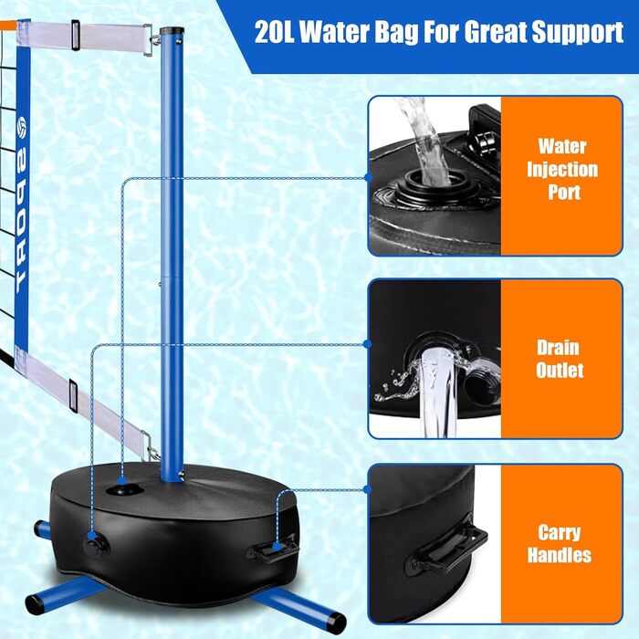 Портативний комплект сітки Furypiont Pool (Волейбол/Теніс/Піклбол), Синій, Регульована довжина 4,57–7,62 м, З міцною основою та 2 м'ячами