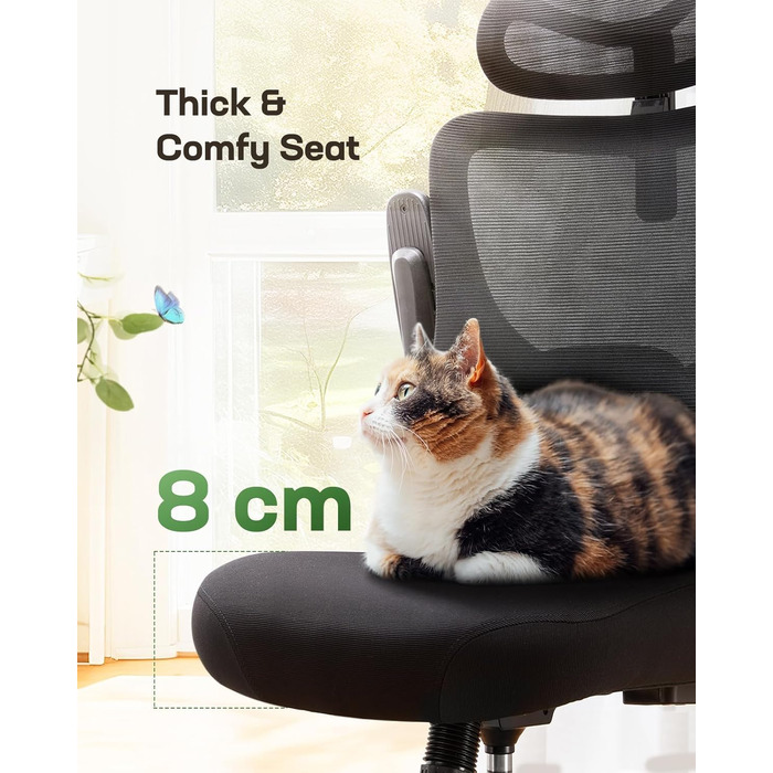 Ергономічне офісне крісло Marsail з регульованою поперековою опорою, підголівником та підлокітниками, регулюванням висоти та функцією гойдання, чорне