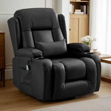 Крісло-гойдалка з функцією відкидання спинки, масажне крісло з функцією підігріву, крісло для телевізора з поворотом на 360 для вітальні, крісло-гойдалка з подушками/бічними кишенями/підстаканником (чорне)