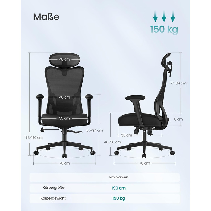 Ергономічне офісне крісло SONGMICS, стілець для роботи, комп&39ютерне крісло, регульований поперековий відділ та підголівник, вантажопідйомність до 150 кг, регульована висота, чорний колір OBN066BH01