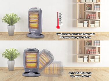 Галогенна нагрівальна панель BEPER P203PAN011, 400/800/1200 Вт, 3 нагрівальні елементи, 3 рівні потужності, автоматичне горизонтальне коливання, функція ECO та автоматичне вимкнення, сіра