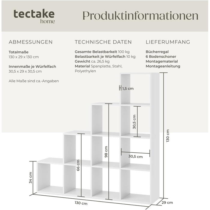 Книжкова полиця tectake, полиця-шафа як роздільник кімнати у вітальні, перегородка в дитячій кімнаті, сходинка у спальні, кухні або гардеробі, кубічна полиця, офісне сховище, полиця для взуття - біла