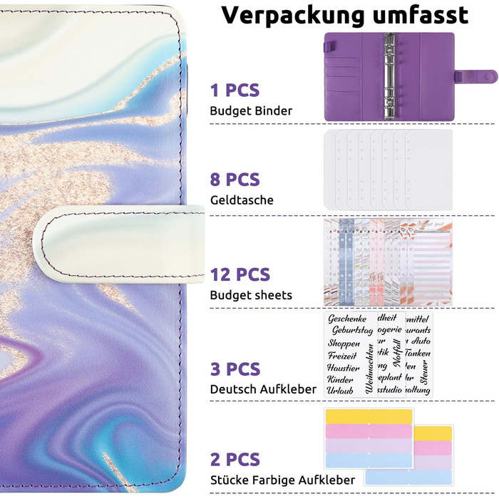 Німецький органайзер для грошей A6 PU, бюджетний швидкозшивач, папка для органайзера для грошей з грошима віяла, бюджетні листи, наклейки на етикетки, німецькі наклейки A6 Бюджетний набір швидкозшивачів фіолетовий