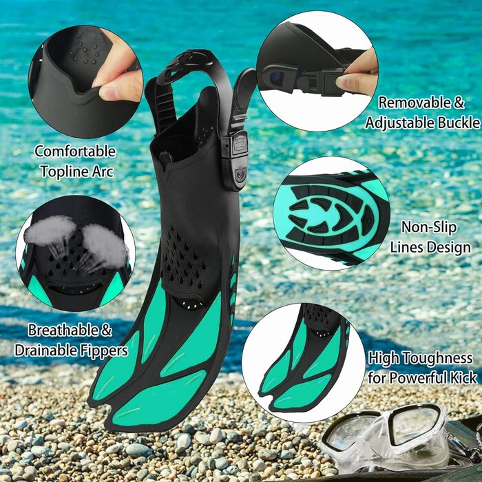 Комплект для дорослого підводного плавання з ластами, маскою для дайвінгу, трубкою сухого типу та сумкою для перенесення, колір аквамариновий, розмір S/M (36-41)