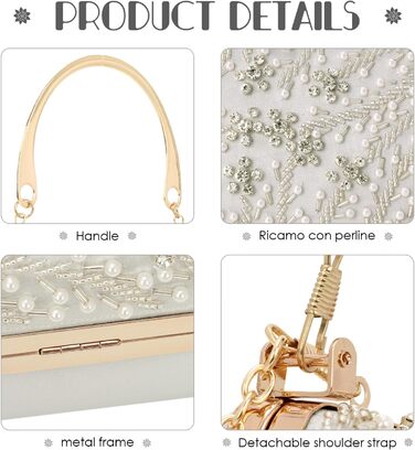 Жіноче клатч з перлинною вишивкою. Елегантна кришталева сумочка для весілля, вишукана вечірня сумочка, сумка для нареченої на ланцюжку для вечірок та випускних, срібляста.