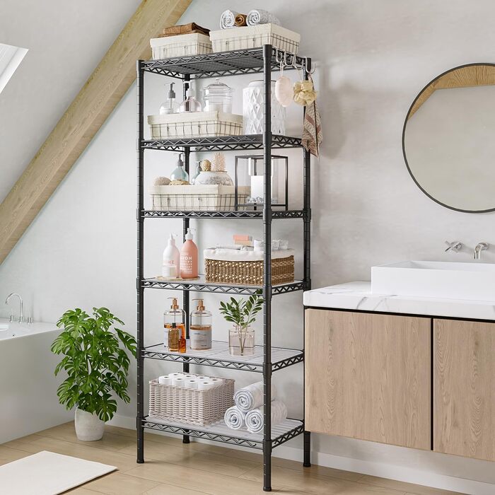 Полиця для зберігання, металева полиця - з 6 полицями, окремостояча кухонна полиця з регульованими по висоті полицями та ніжками (35,5 Г x 60 Ш x 180 В см)