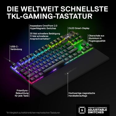 Гіпермагнітна ігрова клавіатура SteelSeries Apex Pro TKL - Найшвидша клавіатура - Налаштовувана чутливість - OLED-екран - PBT-клав