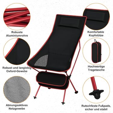 Складаний кемпінговий стілець eSituro, легкий складний стілець, рибальський стілець з сумкою для перенесення, складний стілець з високою спинкою, відкритий пляжний кемпінговий стілець, для риболовлі, пікніків, походів, 1 чорний червоний