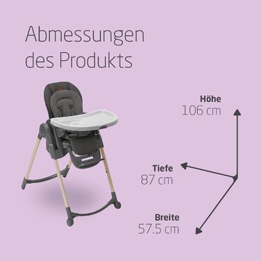 Дитячий стільчик для годування Maxi-Cosi Minla, Росте разом з вашою дитиною, 0-14 років, до 60 кг, Дитячий стільчик для годування, 9 рівнів висоти, 5 положень нахилу спинки, 4 положення лотка, Компактно складається, Еко-догляд, Beyond Graphite