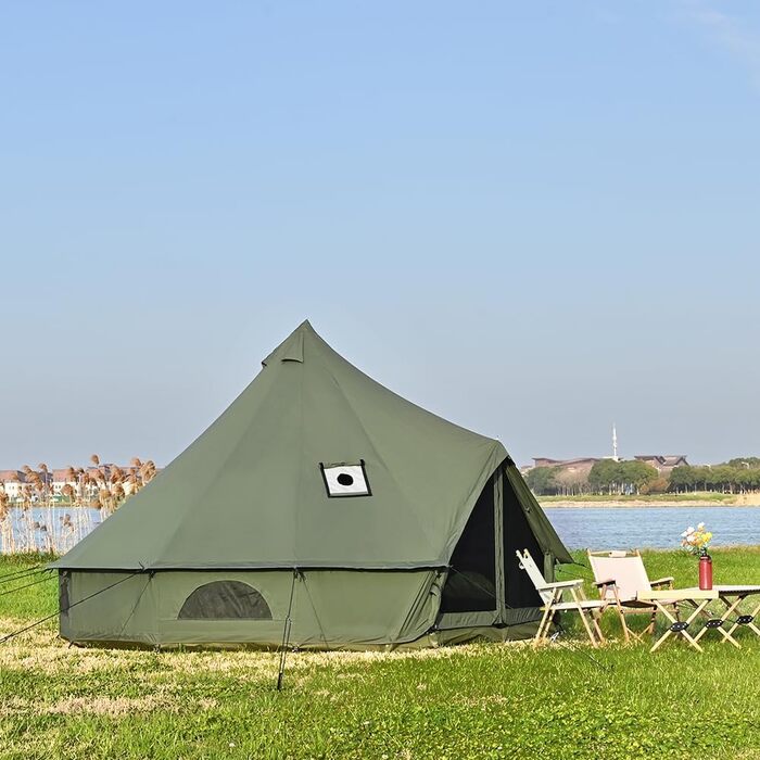Намет-дзвін з отвором для печі, намет для глемпінгу з бавовни, простора юрта для сімей, кемпінговий намет, сімейний намет, намет-тіпі, намет-вігвам, пірамідальний намет для груп, кемпінг на свіжому повітрі, зелений, 5 м / 6-8 осіб