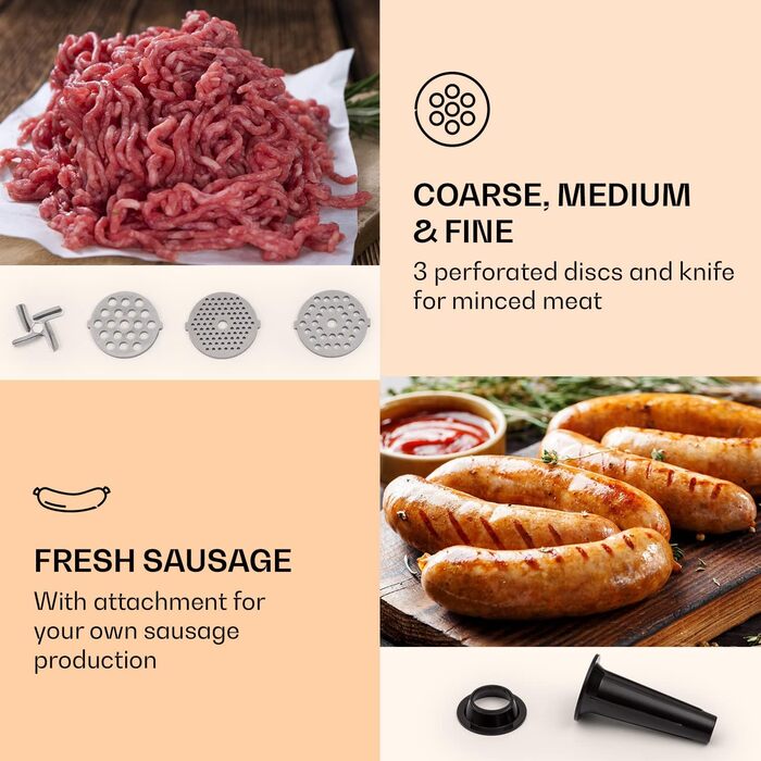 Електрична м'ясорубка Klarstein Mighty Mince - потужність від 500 до 1361 Вт, м'ясорубка електрична з насадками для ковбаси, кеббе і пюре, прес для томатів, з ручками для перенесення, чорна