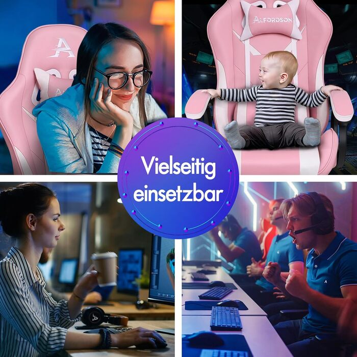 Ігрове крісло ALFORDSON, офісне крісло, з 2-точковим масажем, підставкою для ніг, підголівником та поперековою подушкою, регульована спинка 150, штучна шкіра, рожевий