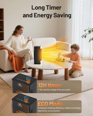 Портативний вентилятор-обігрівач потужністю 1500 Вт, енергозберігаючий електричний обігрівач з 3 швидкостями та екорежимом, тихий (35 дБ), компактний та швидкий нагрів за 2 секунди, захист від перегріву, поворотна конструкція для вітальні, офісу, ванної к